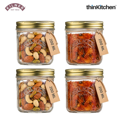Kilner Premium Wide Mouth Leakproof Preservative Glass Jar 200ml | Preserving Jars with Screw Lids for Storing and Preserving , Dishwasher Safe, Transparent, Set of 4