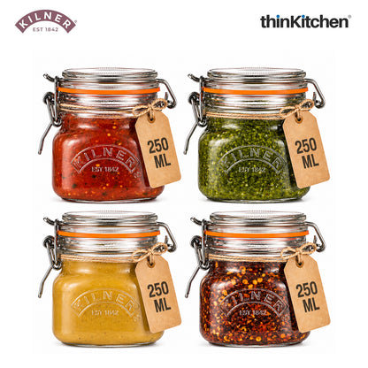 Kilner Premium Borosilicate Airtight Leakproof Glass Jar with Clip Top Lid - 250ml | Kitchen Storage Glass Container for Spices, Sauces, Chutneys, Baby Food, Honey, Ghee, Set of 4