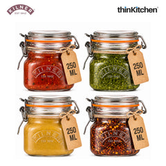 Kilner Premium Borosilicate Airtight Leakproof Glass Jar with Clip Top Lid - 250ml | Kitchen Storage Glass Container for Spices, Sauces, Chutneys, Baby Food, Honey, Ghee, Set of 4