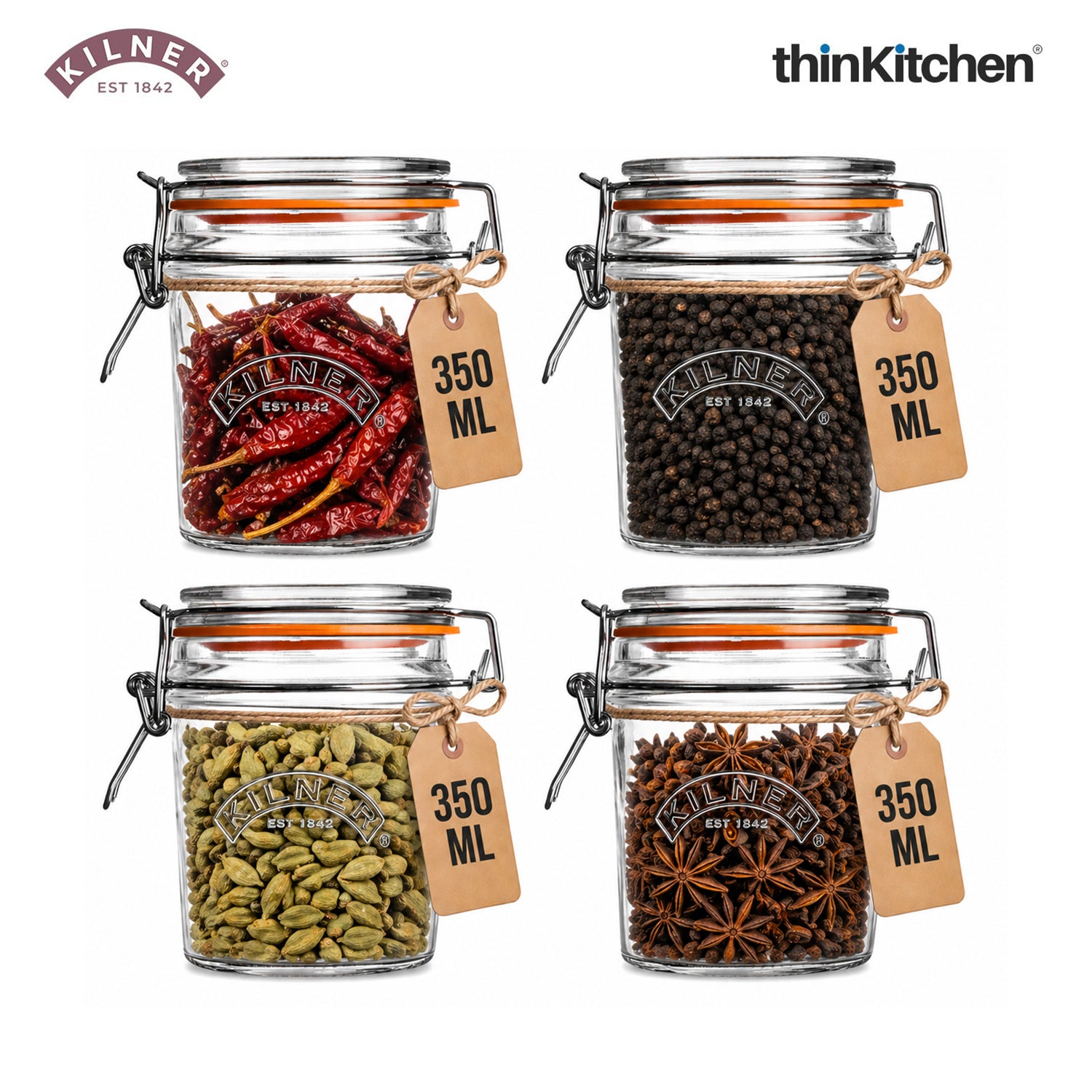 Kilner Premium Clip Top Airtight Round Glass Food Storage Container Jar - 350ML for thinKitchen | Multipurpose BPA Free, Reusable Kitchen Container for Storage, Set of 4 - 1