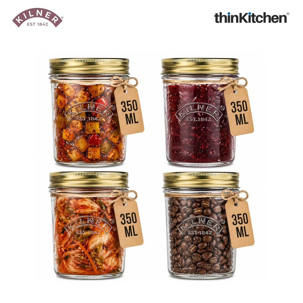 Kilner Premium Wide Mouth Airtight Glass Preserve Jar - 350ml | Multipurpose Kitchen Storage Container for Storing and Preserving Jams, Pickles, Chutneys, Set of 4