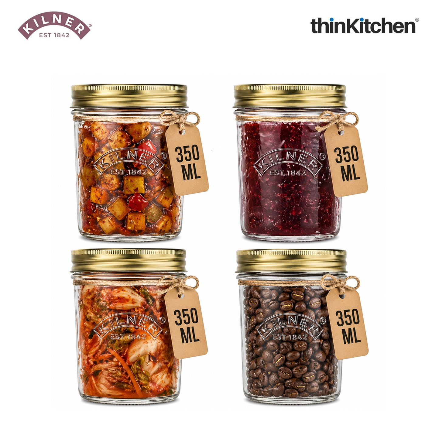 Kilner Premium Wide Mouth Airtight Glass Preserve Jar - 350ml | Multipurpose Kitchen Storage Container for Storing and Preserving Jams, Pickles, Chutneys, Set of 4