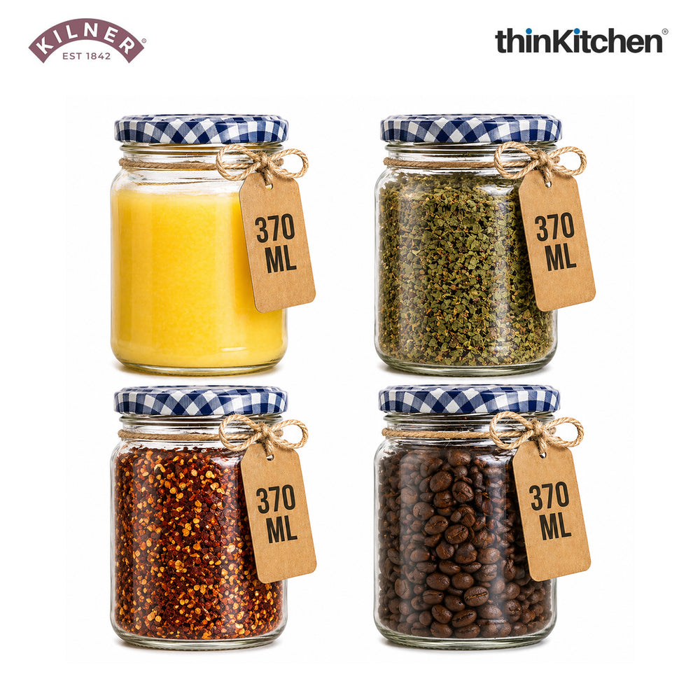 Kilner Premium Twist Top Airtight Round Glass Jar - 370ml | Multipurpose, Reusable Kitchen Containers for Jams, Chutneys, Herbs, Spices, Set of 4