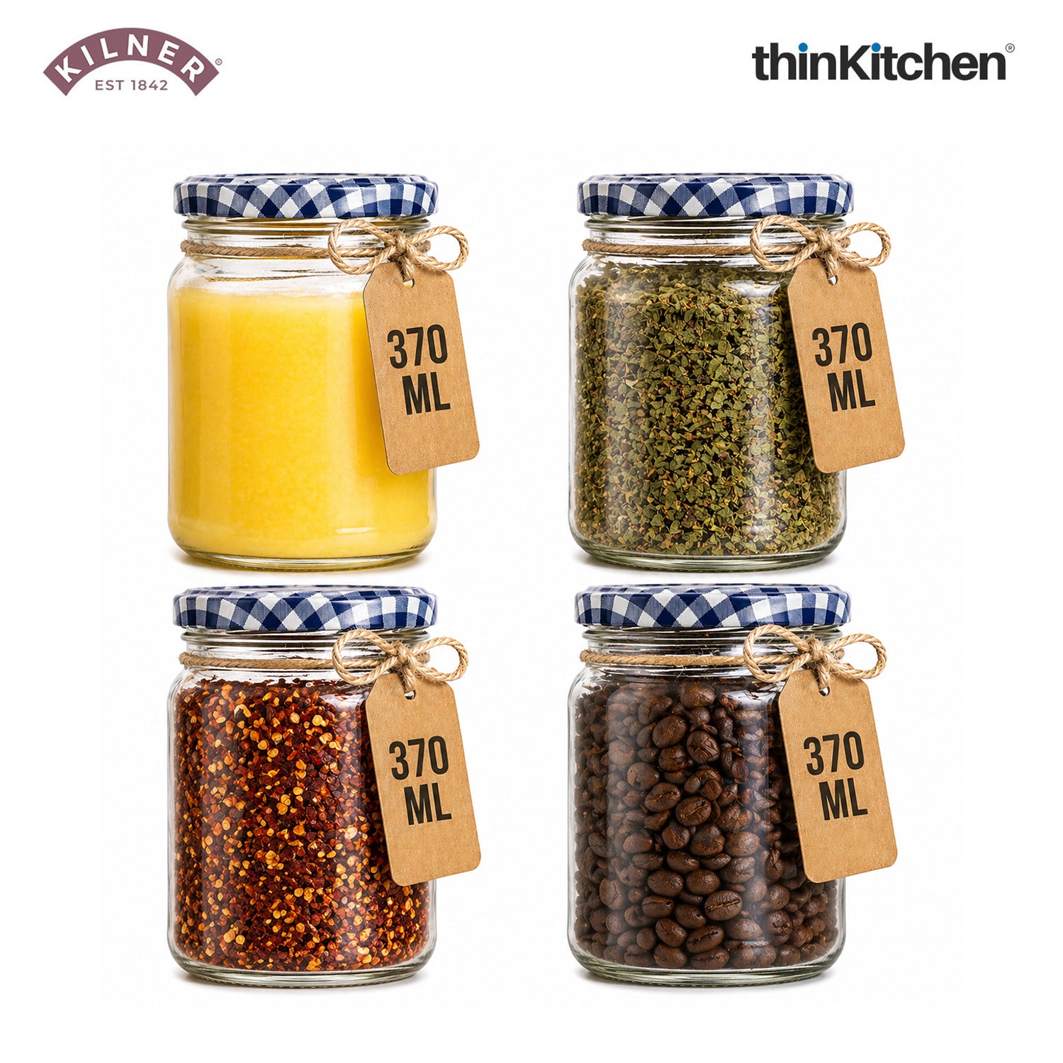 Kilner Premium Twist Top Airtight Round Glass Jar - 370ml | Multipurpose, Reusable Kitchen Containers for Jams, Chutneys, Herbs, Spices, Set of 4 - 1
