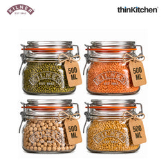 Kilner Premium Borosilicate Airtight Square Wire Clip Top Food Storage Container Jar for Kitchen - 500ml | Multipurpose, BPA Free, Reusable | For thinKitchen, Set of 4