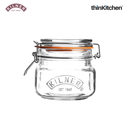 Kilner Premium Borosilicate Airtight Square Wire Clip Top Food Storage Container Jar for Kitchen - 500ml | Multipurpose, BPA Free, Reusable | For thinKitchen, Set of 4