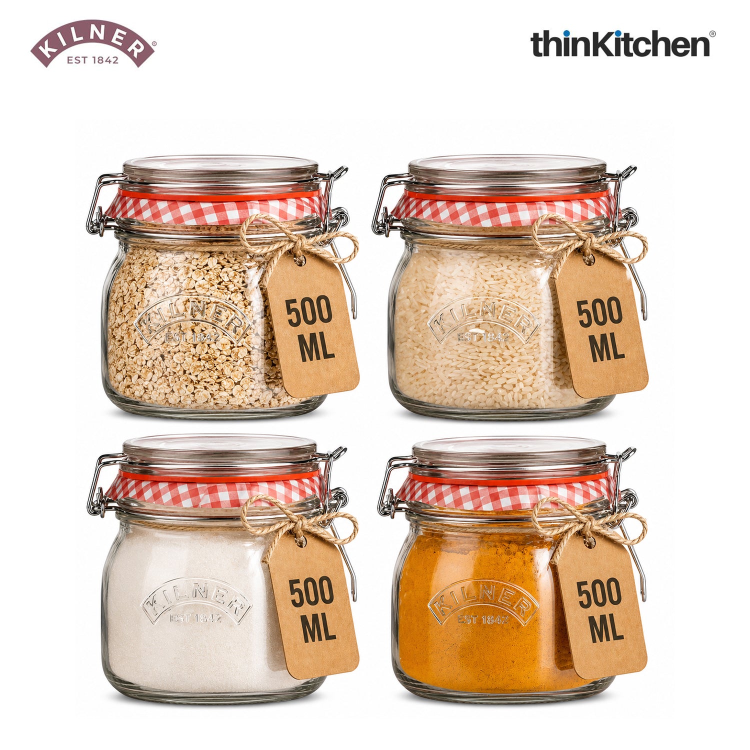 Kilner Premium Round Airtight Glass Jar with Clip Top Airtight Lid - 500Ml | Transparent Multipurpose Kitchen Storage Container for Pickles, Jams, Chutneys, Yougurt, Set of 4 - 1
