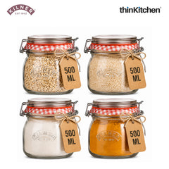 Kilner Premium Round Airtight Glass Jar with Clip Top Airtight Lid - 500Ml | Transparent Multipurpose Kitchen Storage Container for Pickles, Jams, Chutneys, Yougurt, Set of 4