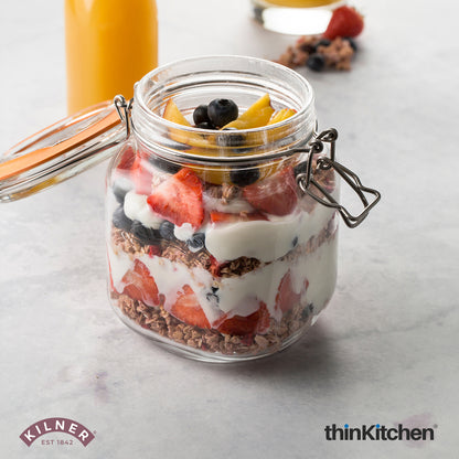 Kilner Premium Borosilicate Airtight Square Wire Clip Top Food Storage Container Jar for Kitchen - 1 Litre | Multipurpose, BPA Free, Reusable | For thinKitchen, Set of 2