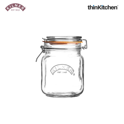 Kilner Premium Borosilicate Airtight Square Wire Clip Top Food Storage Container Jar for Kitchen - 1 Litre | Multipurpose, BPA Free, Reusable | For thinKitchen, Set of 2