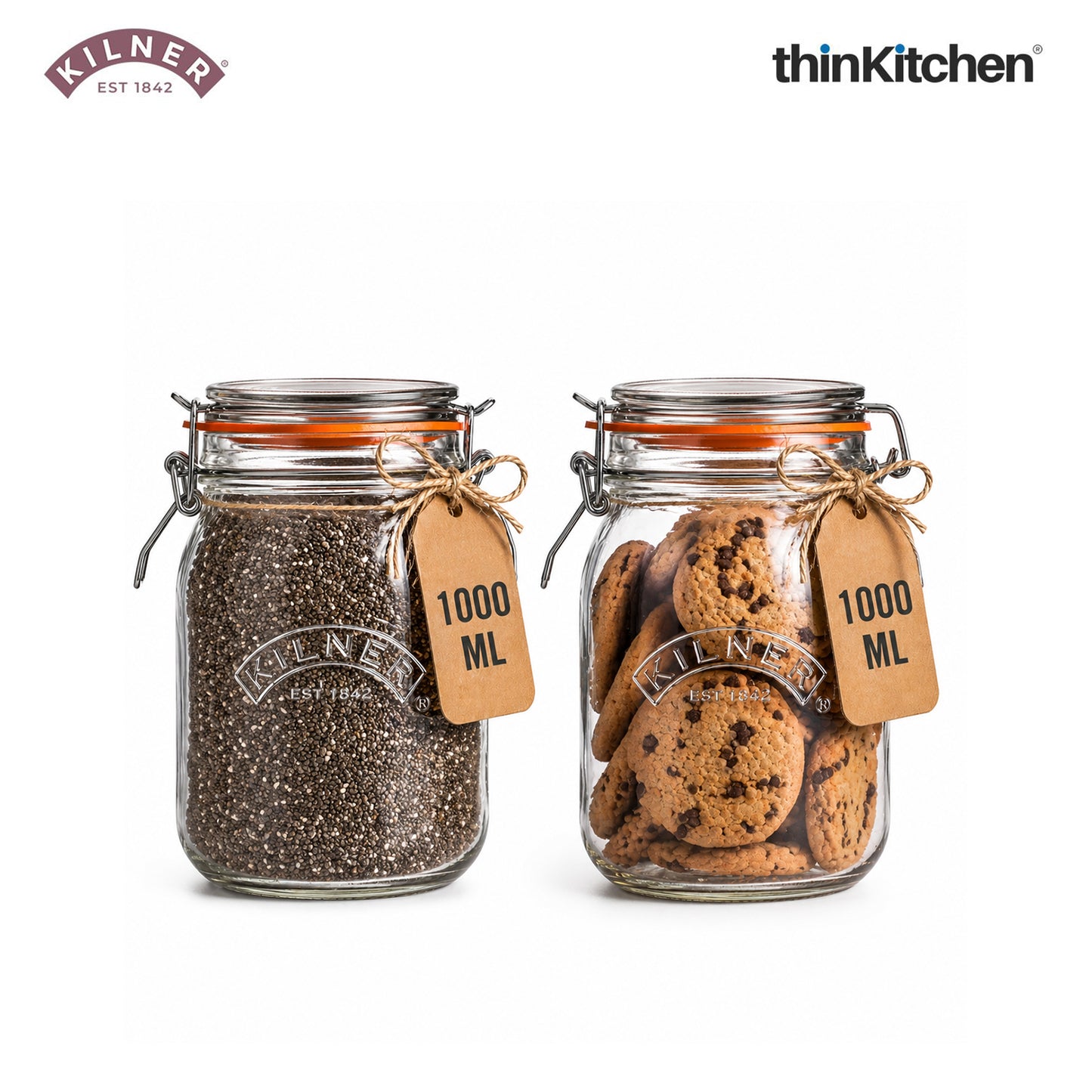 Kilner Premium Round Airtight Leakproof Borosilicate Glass Clip Top Jar - 1 Litre | Multipurpose Food Storage Container with Wire Lock for Yougurt, Coffee, Pasta, Drinks, Set of 2