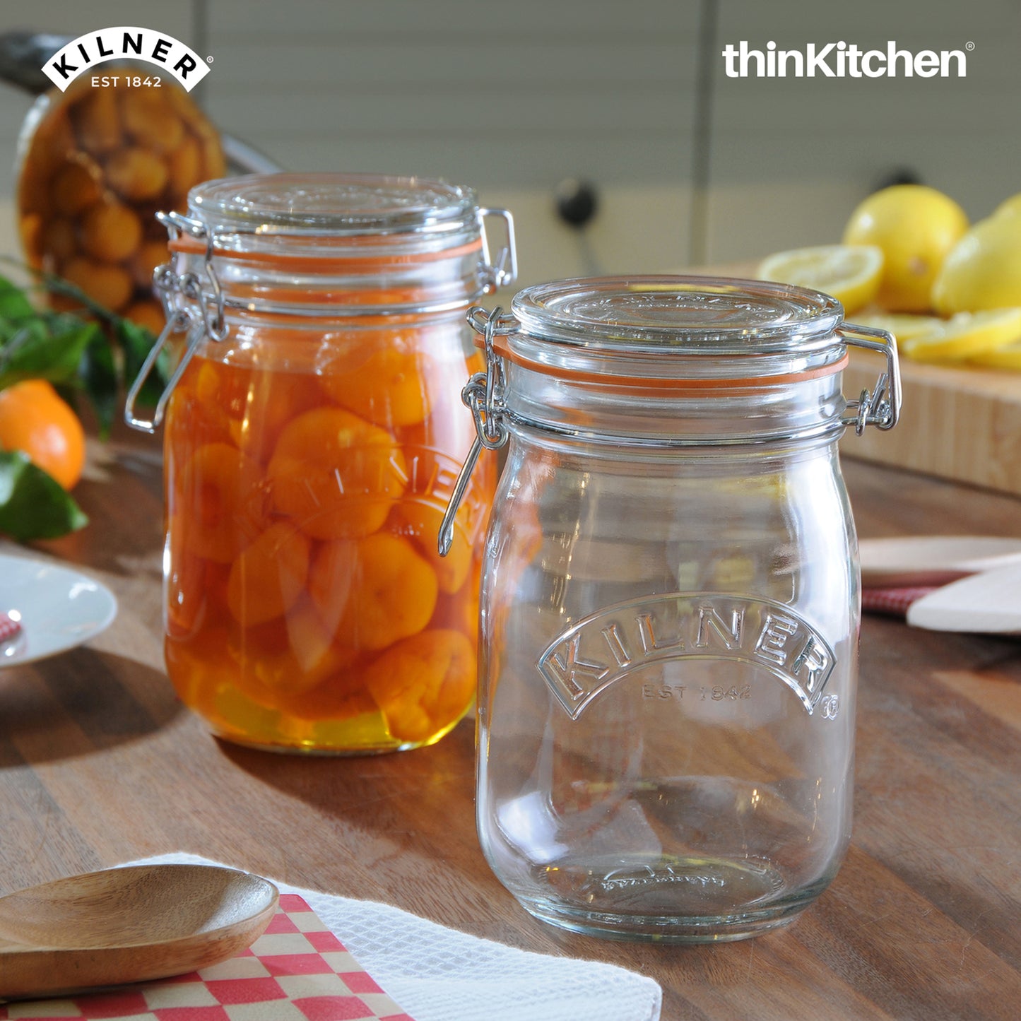 Kilner Premium Round Airtight Leakproof Borosilicate Glass Clip Top Jar - 1 Litre | Multipurpose Food Storage Container with Wire Lock for Yougurt, Coffee, Pasta, Drinks, Set of 2