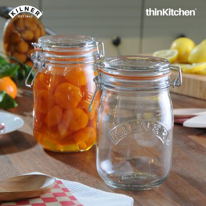 Kilner Premium Round Airtight Leakproof Borosilicate Glass Clip Top Jar - 1 Litre | Multipurpose Food Storage Container with Wire Lock for Yougurt, Coffee, Pasta, Drinks, Set of 2