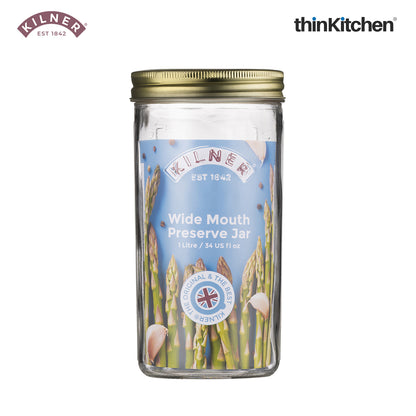 Kilner Premium Glass Borosilicate Wide Mouth Preserve Jar - 1 Litre | Reusable, Eco-Friendly Food Storage Container for Preserving and Storing, Set of 2