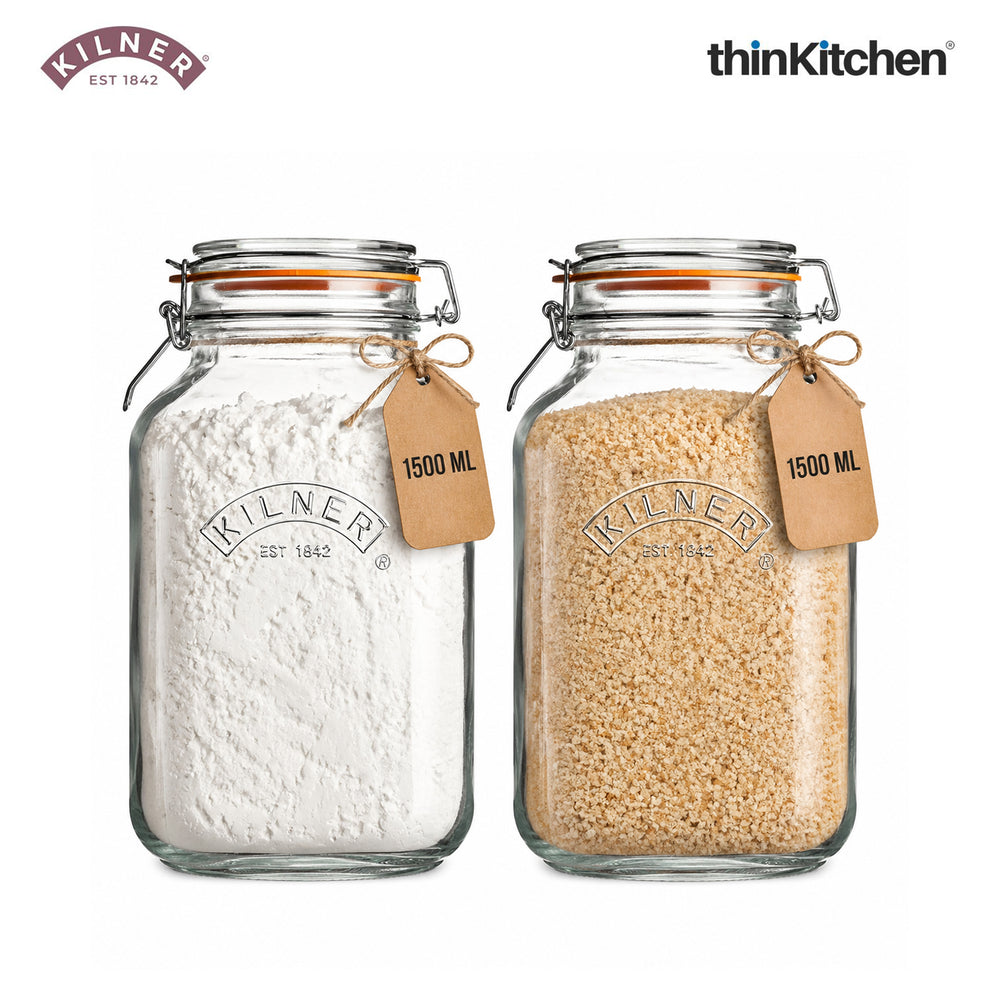 Kilner Premium 1.5L Airtight Square Clip Top Glass Jar for Food Storage, Biscuits, Cereals, Pulses, Set of 2 | Multipurpose, BPA Free, Reusable Kitchen Container