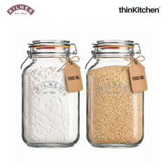 Kilner Premium Borosilicate Airtight Square Wire Clip Top Food Storage Container Jar for Kitchen - 1.5 Litres | Multipurpose, BPA Free, Reusable | For thinKitchen, Set of 2