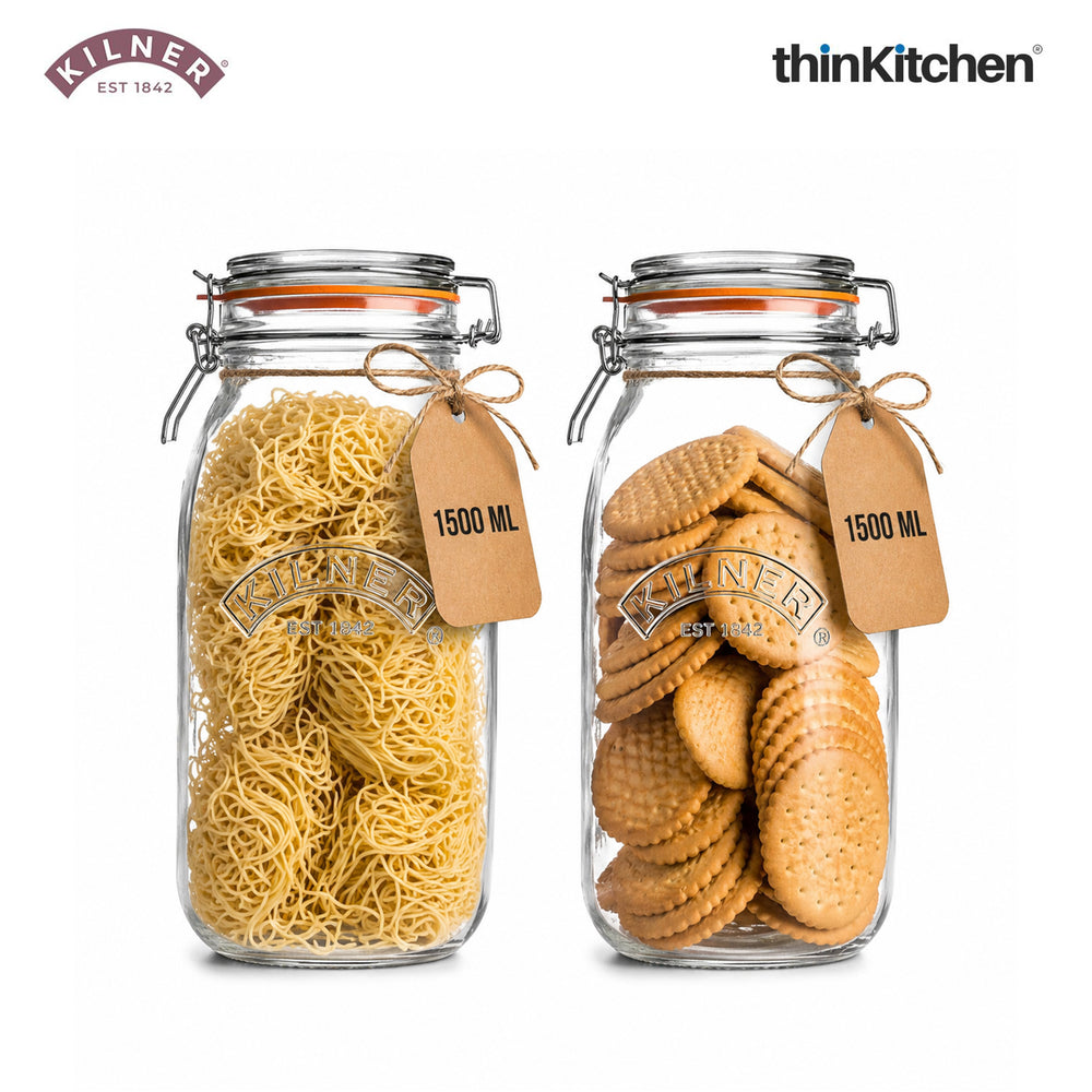 Kilner Premium Clip Top Airtight Glass Jar - 1.5 L | Glass Containers for Kitchen Storage, Ideal for Pickles, Dry Food, Pulses, Biscuits | Glass Containers for Kitchen & Organising, Set of 2