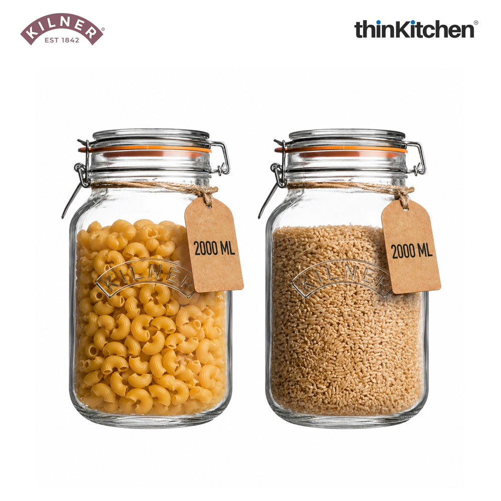 Kilner Premium 2L Airtight Square Clip Top Glass Jar for Food Storage, Biscuits, Cereals, Pulses, Set of 2 | Multipurpose, BPA Free, Reusable Kitchen Container