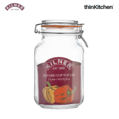 Kilner Premium Borosilicate Airtight Square Wire Clip Top Food Storage Container Jar for Kitchen - 2 Litres | Multipurpose, BPA Free, Reusable | For thinKitchen, Set of 2
