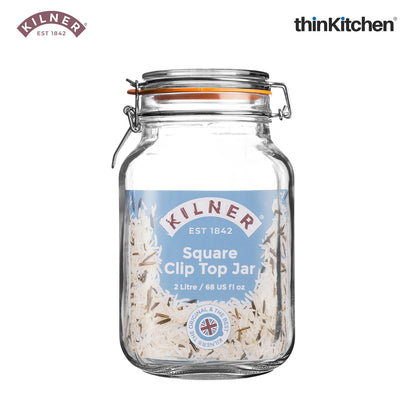 Kilner Premium Borosilicate Airtight Square Wire Clip Top Food Storage Container Jar for Kitchen - 2 Litres | Multipurpose, BPA Free, Reusable | For thinKitchen, Set of 2