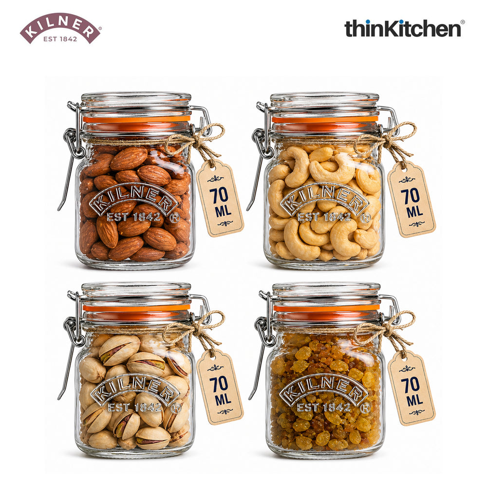 Kilner Premium Airtight Clip Top Square Glass Jar - 70ml for Kitchen Storage, Yogurt, Overnight Oats & Pickles, Set of 4