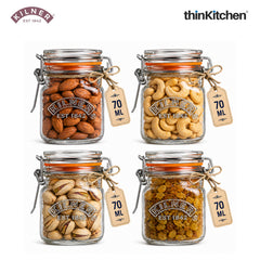Kilner Premium Airtight Clip Top Borosilicate Glass Jar - 70ml |Glass Container Ideal for Kitchen Storage, Yogurt, Overnight Oats & Pickles, Set of 4