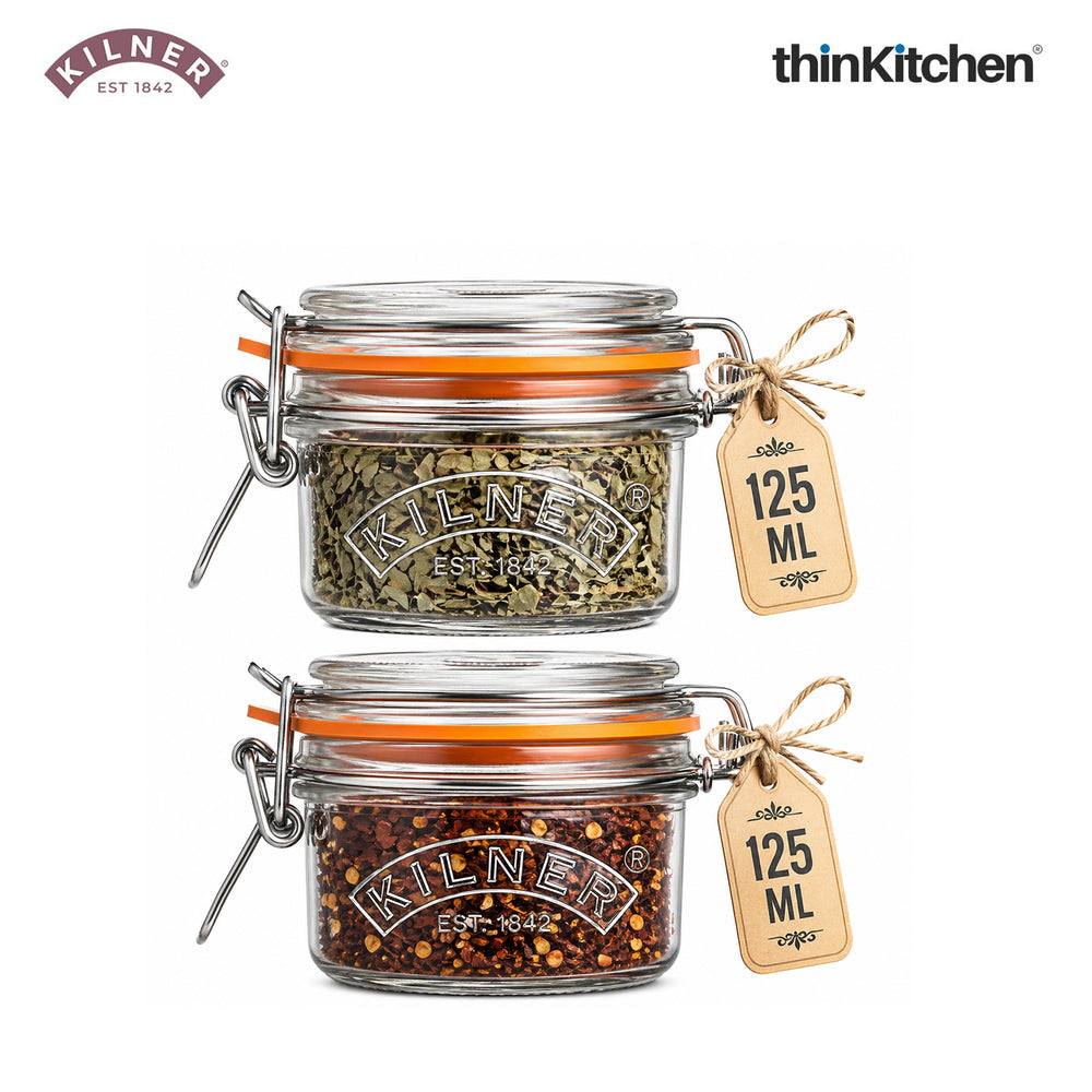 Kilner Premium Clip Top Airtight Round Glass Food Storage Jar - 125ML | Multipurpose BPA Free, Reusable Kitchen Container for Storage for Herbs, Spices, Set of 2