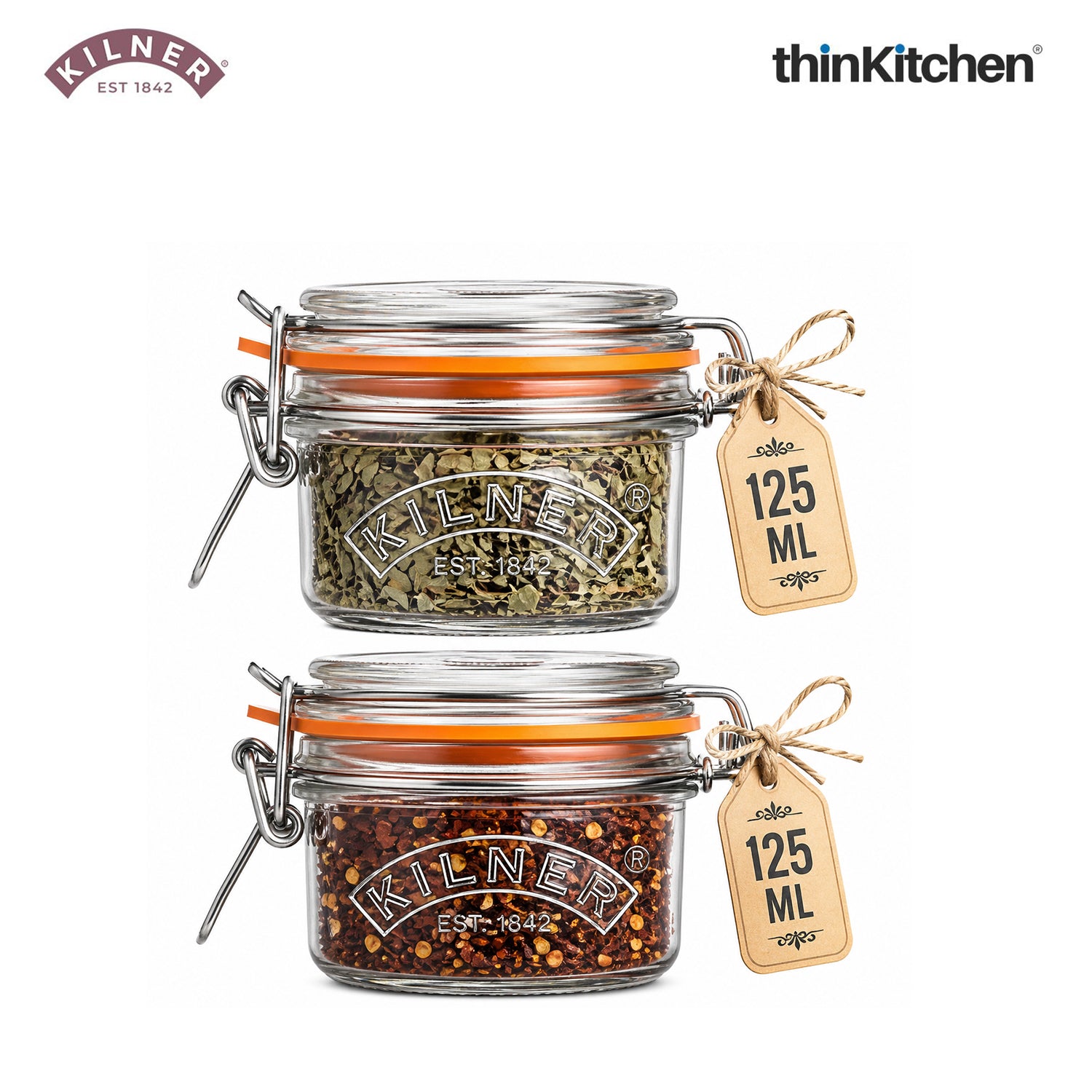Kilner Premium Clip Top Airtight Round Glass Food Storage Jar - 125ML | Multipurpose BPA Free, Reusable Kitchen Container for Storage for Herbs, Spices, Set of 2 - 1