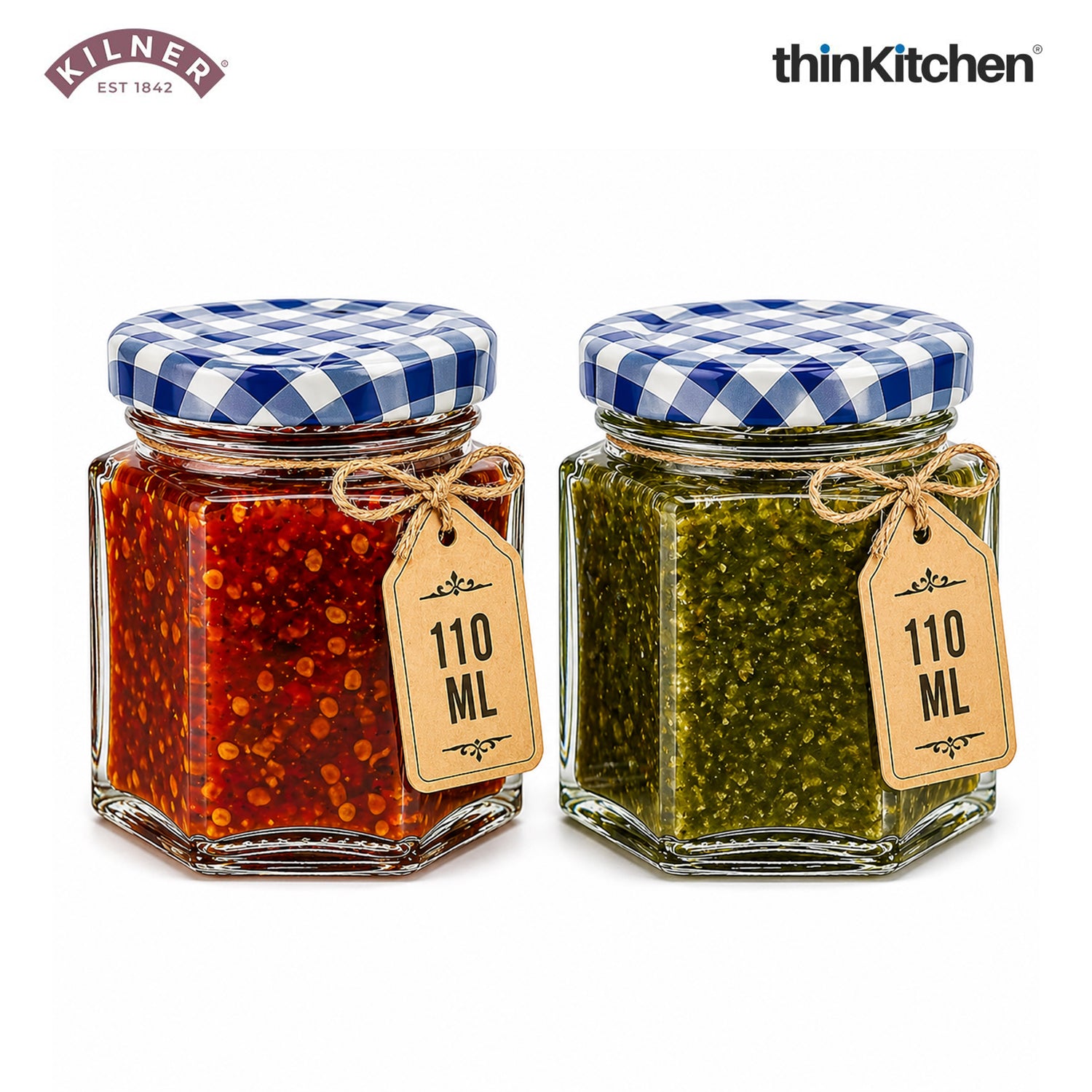 Kilner Premium Hexagonal Airtight Twist Top Glass Jar - 110ml  | Multipurpose Kitchen Storage Glass Container for Pickle, Chutneys, Sauces, Set of 2 - 1
