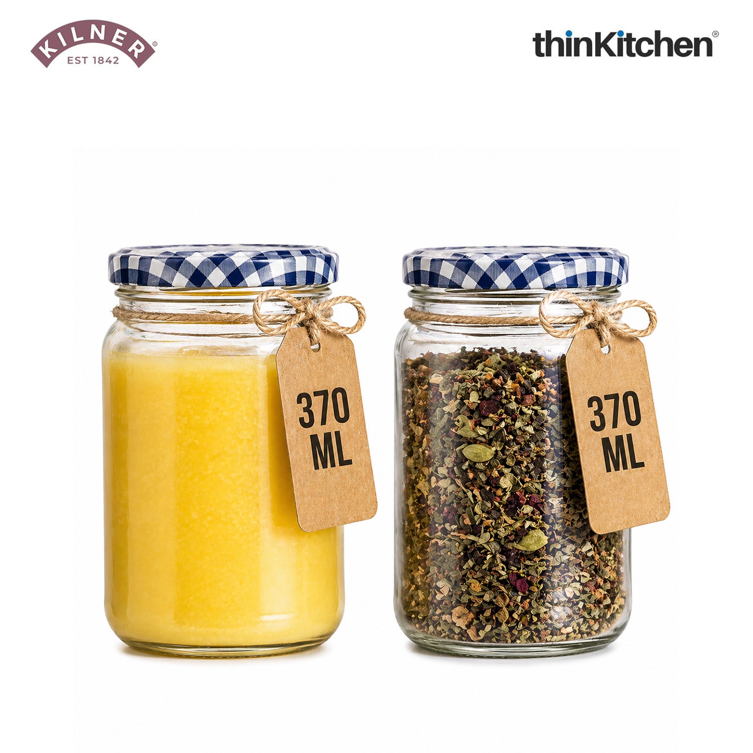 Kilner Premium Twist Top Airtight Round Glass Jar - 370ml | Multipurpose, Reusable Kitchen Containers for Jams, Chutneys, Herbs, Spices, Set of 2 - 1
