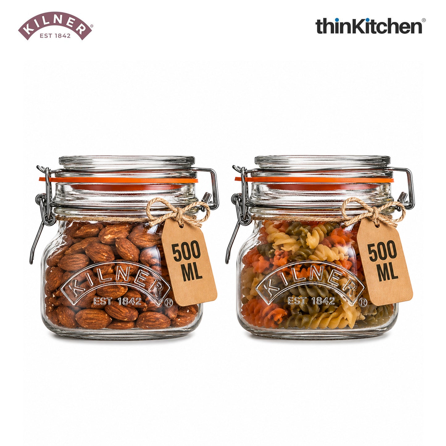 Kilner Premium Borosilicate Airtight Square Wire Clip Top Food Storage Container Jar for Kitchen - 500ml | Multipurpose, BPA Free, Reusable | For thinKitchen, Set of 2