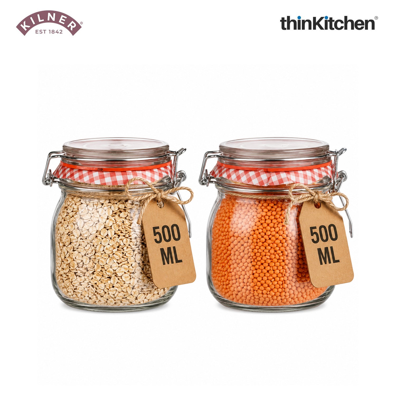 Kilner Premium Round Airtight Glass Jar with Clip Top Airtight Lid - 500Ml | Transparent Multipurpose Kitchen Storage Container for Pickles, Jams, Chutneys, Yougurt, Set of 2 - 1