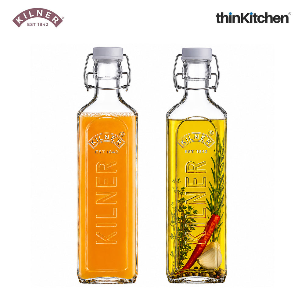Kilner Premium 2 Pcs x 1L Square Airtight, Leakproof  Clip Top Glass Bottle for Kitchen Storage, Oils, Juices | Reusable, BPA Free Kitchen Container