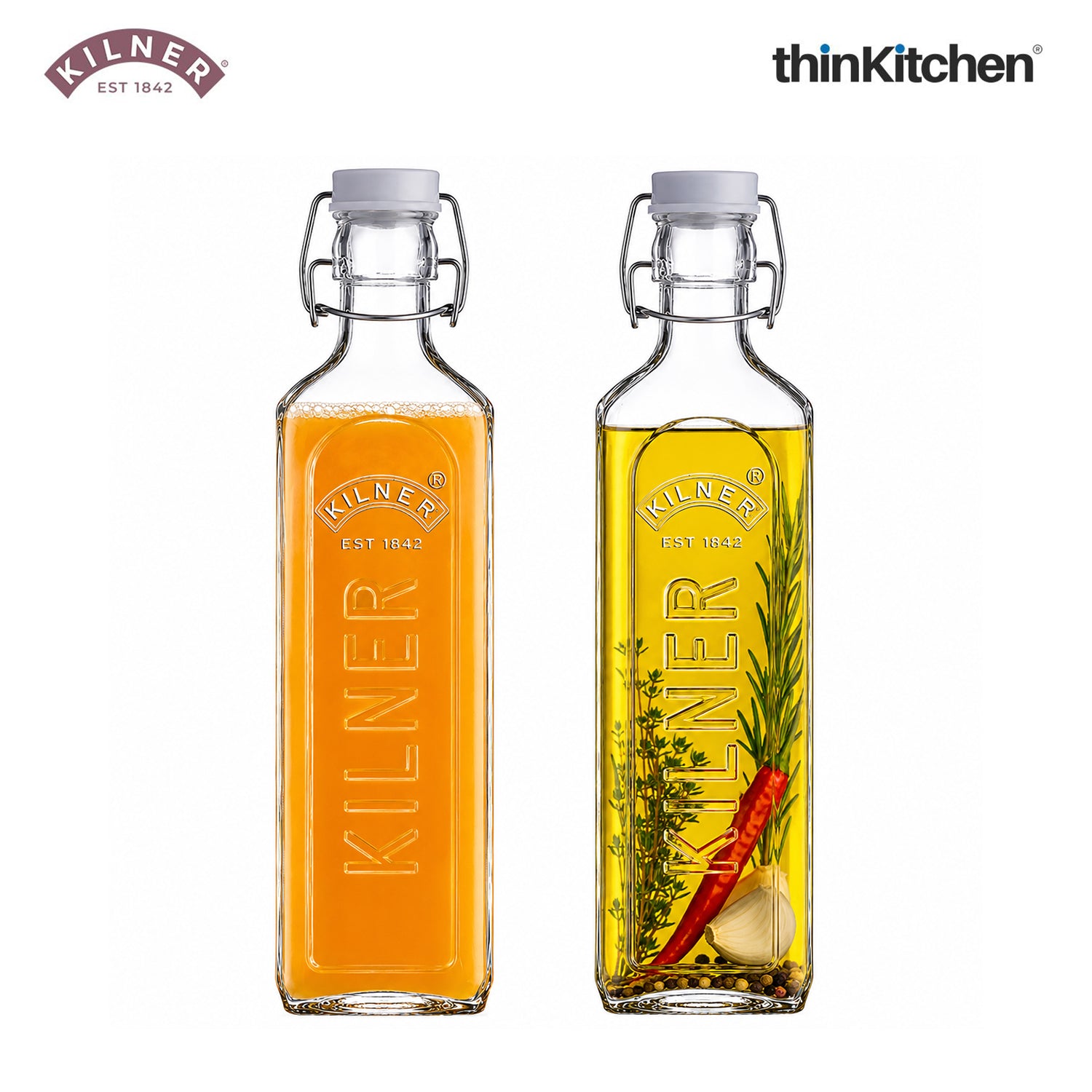 Kilner Premium 2 Pcs x 1L Square Airtight, Leakproof  Clip Top Glass Bottle for Kitchen Storage, Oils, Juices | Reusable, BPA Free Kitchen Container - 1
