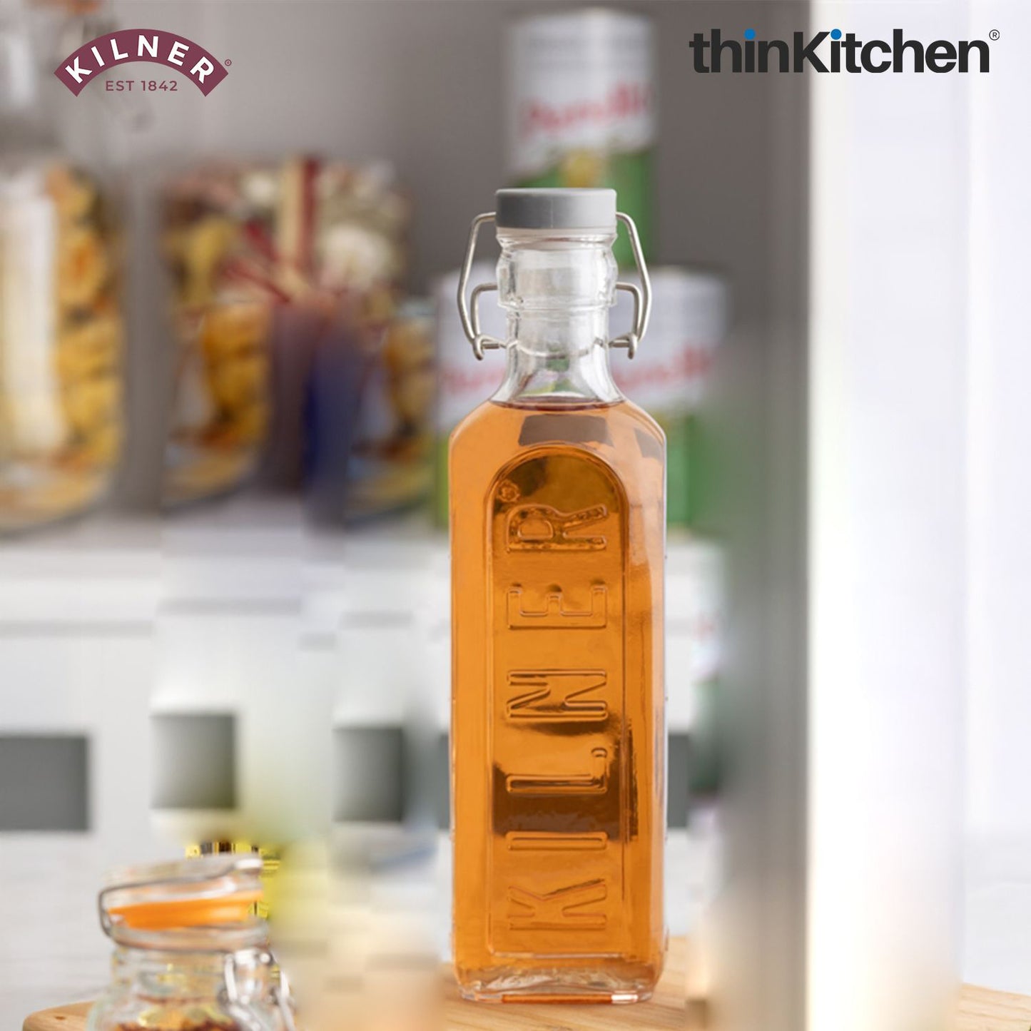 Kilner Premium 2 Pcs x 1L Square Airtight, Leakproof  Clip Top Glass Bottle for Kitchen Storage, Oils, Juices | Reusable, BPA Free Kitchen Container