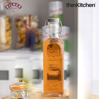 Kilner Premium 2 Pcs x 1L Square Airtight, Leakproof  Clip Top Glass Bottle for Kitchen Storage, Oils, Juices | Reusable, BPA Free Kitchen Container