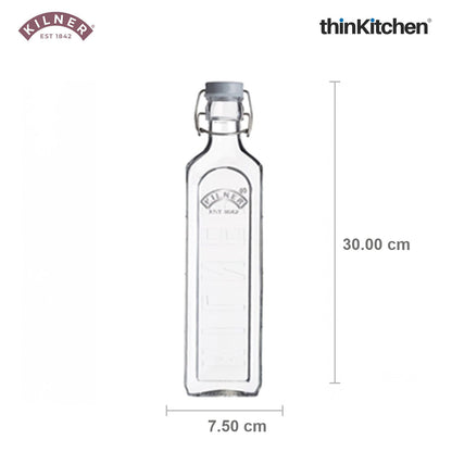 Kilner Premium 2 Pcs x 1L Square Airtight, Leakproof  Clip Top Glass Bottle for Kitchen Storage, Oils, Juices | Reusable, BPA Free Kitchen Container