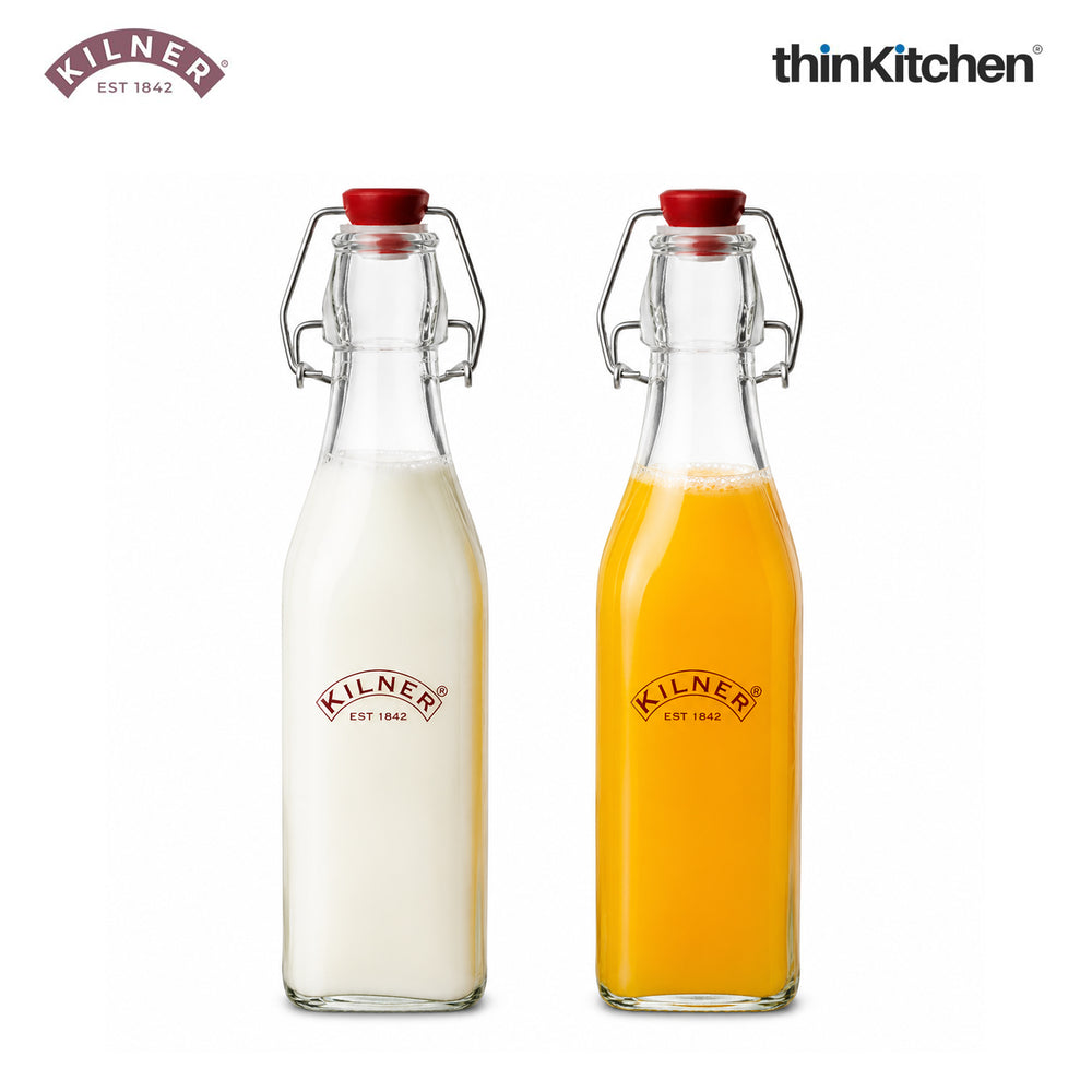 Kilner Premium 2 Pcs x 250ml Square Glass Clip Top Bottle for Juices, Beverages, Cocktails, Water | Transparent, Reusable Multipurpose Kitchen Storage Container