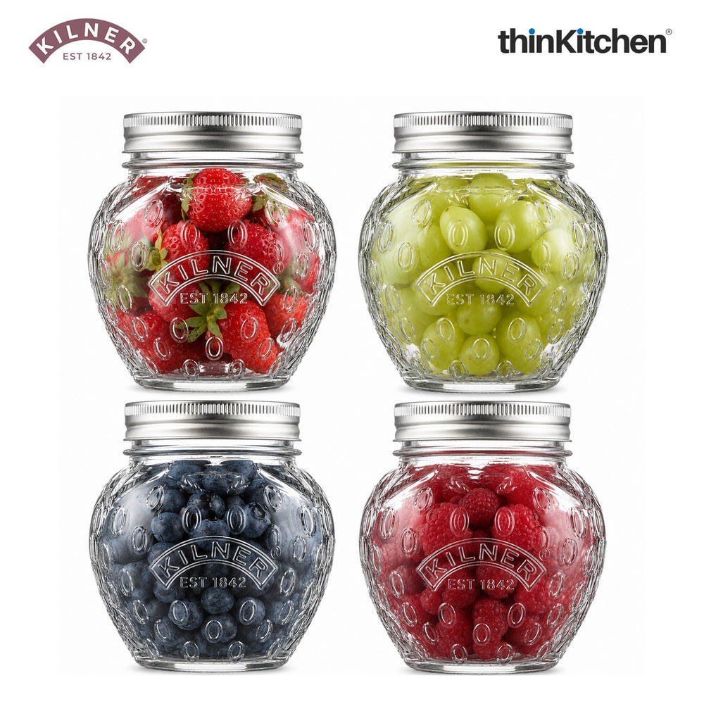 Kilner Premium 4 Pcs x 400ml Strawberry Shaped Airtight Preserve Glass Jars for Kitchen Storage, ideal for Jams, Chutneys, Preserves | Multipurpose, Eco-Friendly, Reusable Transparent Glass Containers