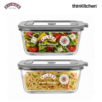 Kilner Premium 2 Pcs x 1.5 L Airtight, Leakproof Glass Container for Food Storage, Leftovers, Snacks, Meal Prep | Oven safe, Freezer Safe, Fresh Series Container for Kitchen