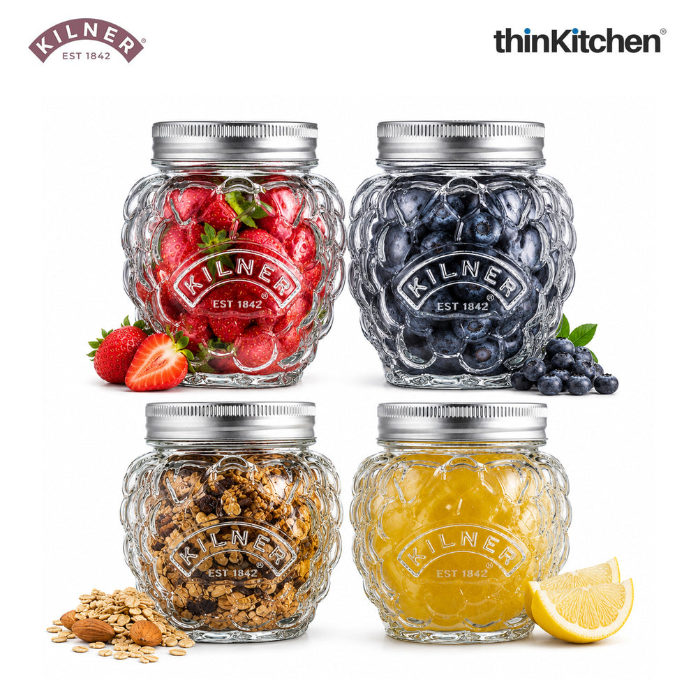 Kilner Premium 4 Pcs x 400ml Berry Shaped Airtight Preserve Glass Jars for Kitchen Storage, ideal for Jams, Chutneys | Multipurpose, Eco-Friendly, Reusable Transparent Glass Containers
