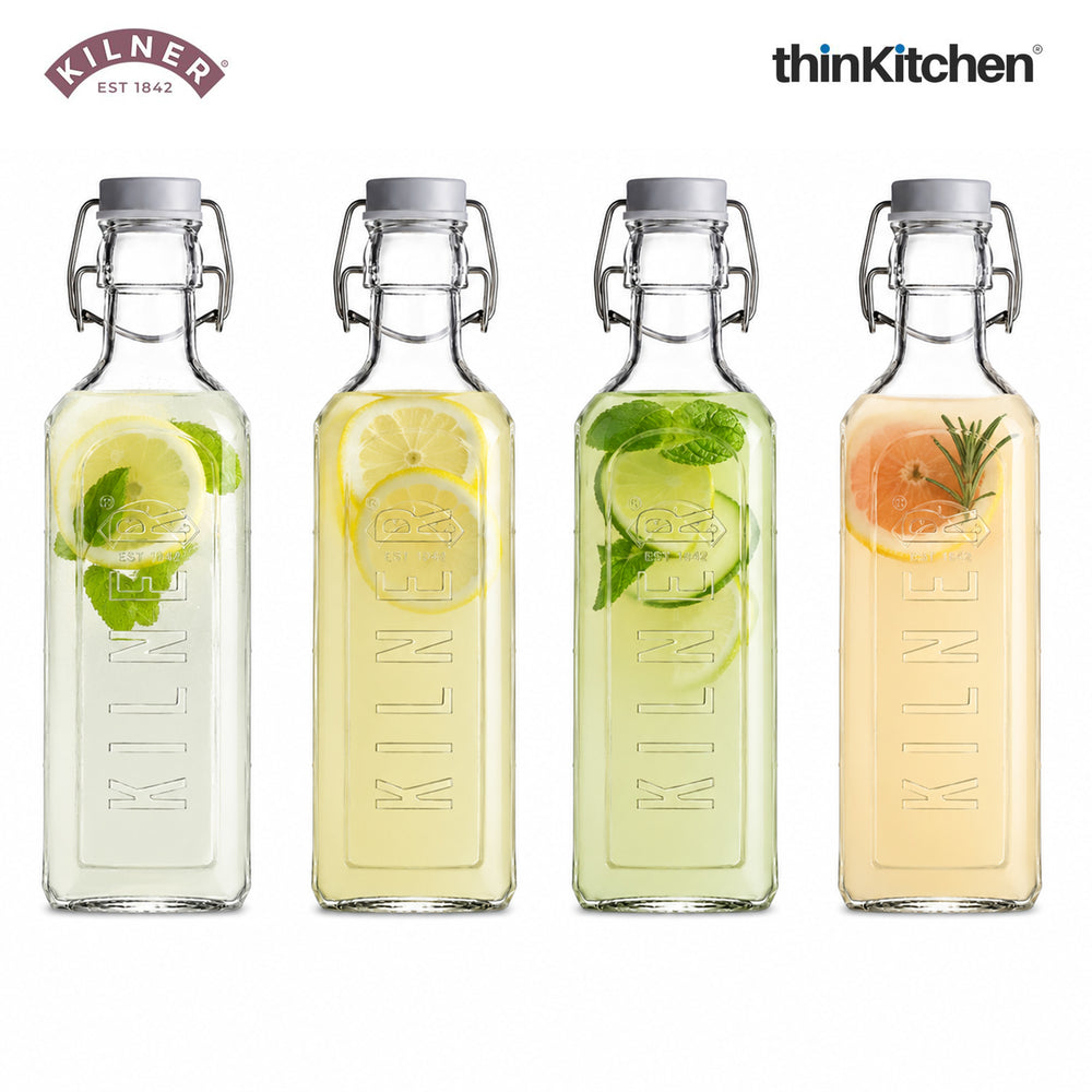 Kilner Premium 4 Pcs x 300ml Airtight Square Glass Oil Bottle with Clip Top Lid for Vinegar, Water, Dressings & Kitchen Pantry Use | Reusable Multipurpose Kitchen Storage Container