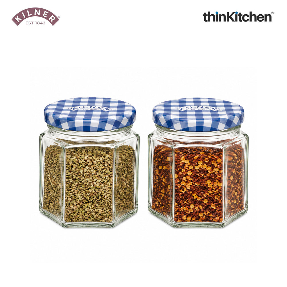 Kilner Premium Mini 2 x 48ml Hexagonal Airtight Glass Jar for Spices, Honey, Jam, Return Gifts | Twist Top Storage Kitchen Storage Container, Reusable, Transparent