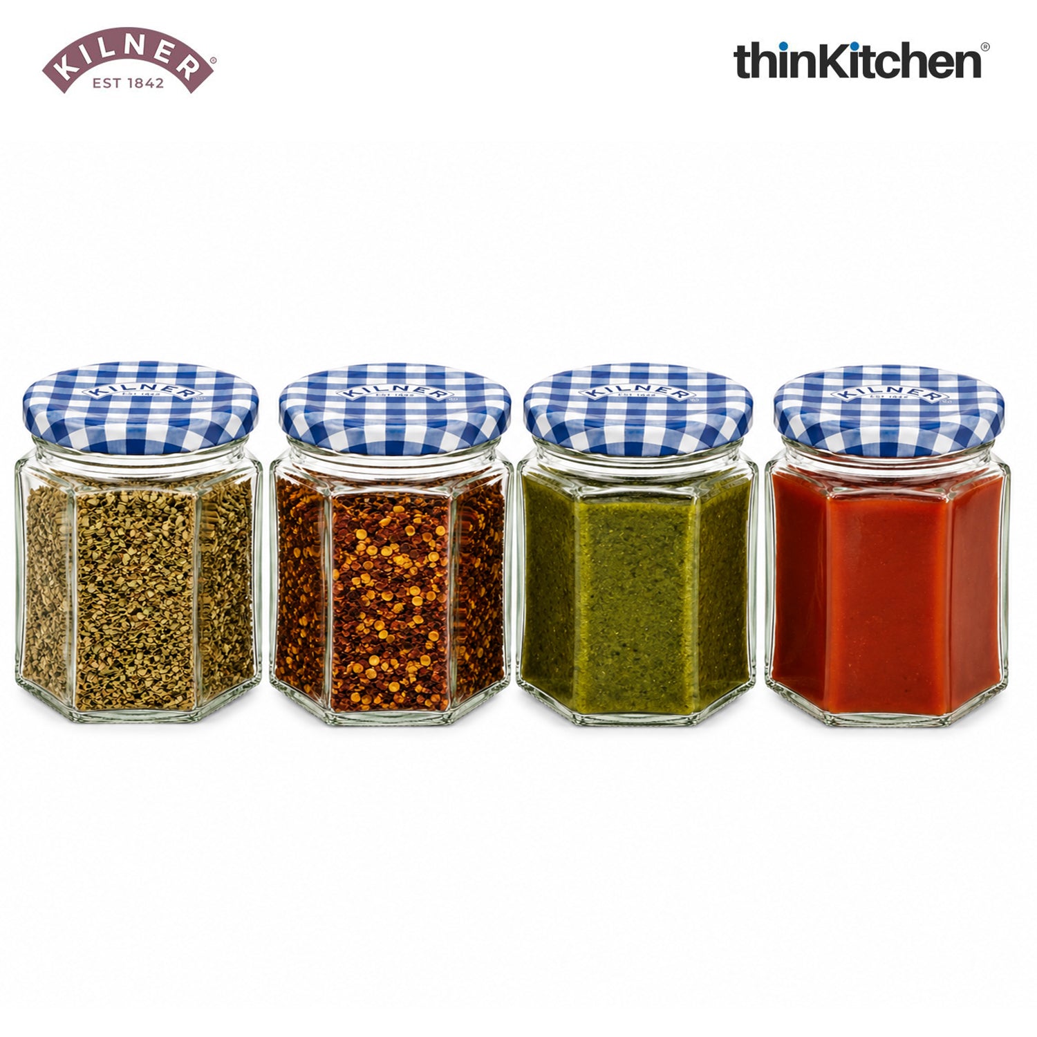 Kilner Premium Mini 4 x 48ml Hexagonal Airtight Glass Jar for Spices, Honey, Jam, Return Gifts | Twist Top Storage Kitchen Storage Container, Reusable, Transparent - 1