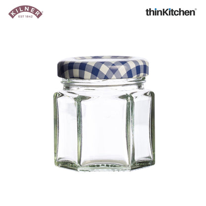Kilner Premium Mini 4 x 48ml Hexagonal Airtight Glass Jar for Spices, Honey, Jam, Return Gifts | Twist Top Storage Kitchen Storage Container, Reusable, Transparent