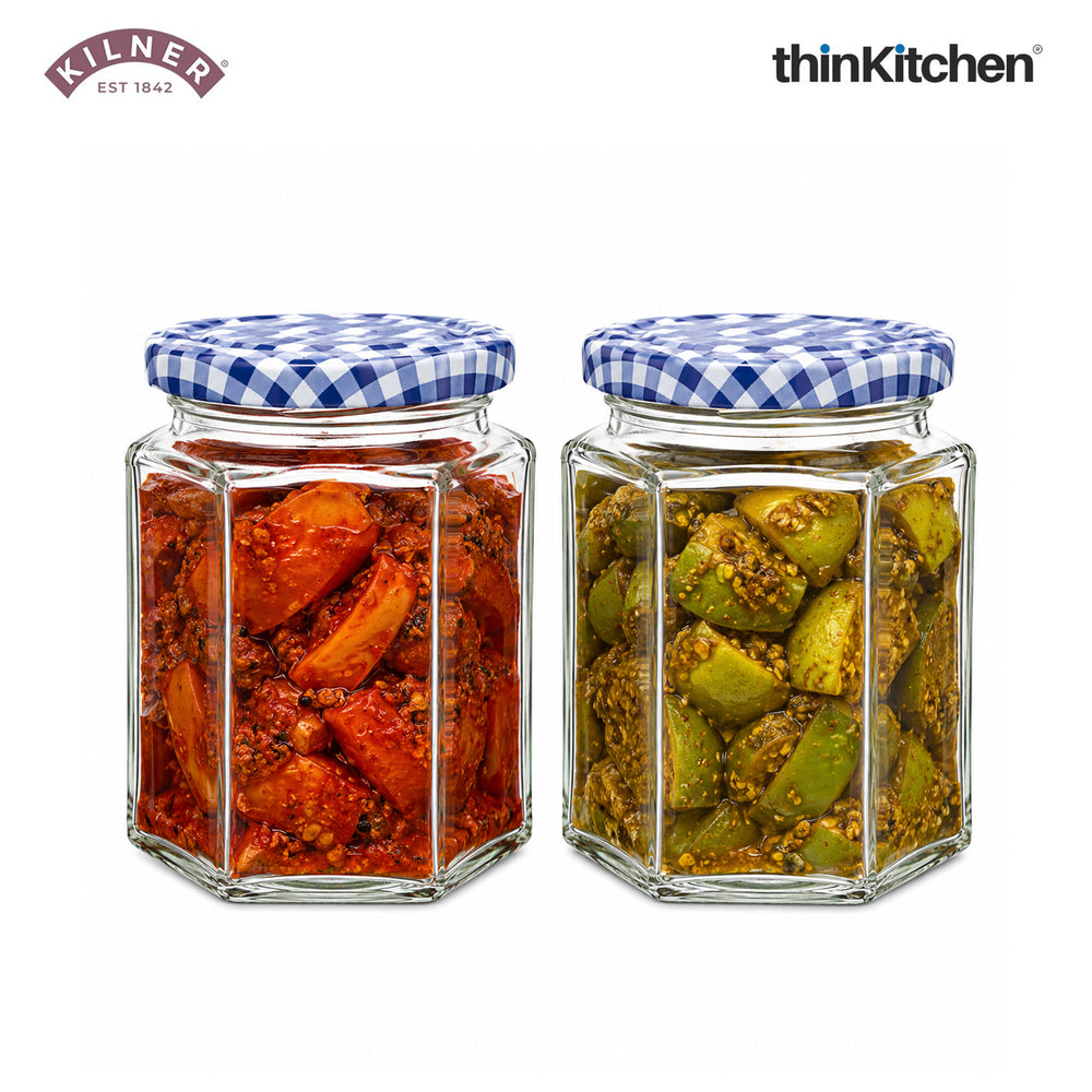 Kilner Premium 2 Pcs x 280ml Hexagonal Twist Top Airtight Glass Jar for Herbs, Spices, Jams, Chutneys | Transparent, Reusable, Eco-Friendly Kitchen Storage Container