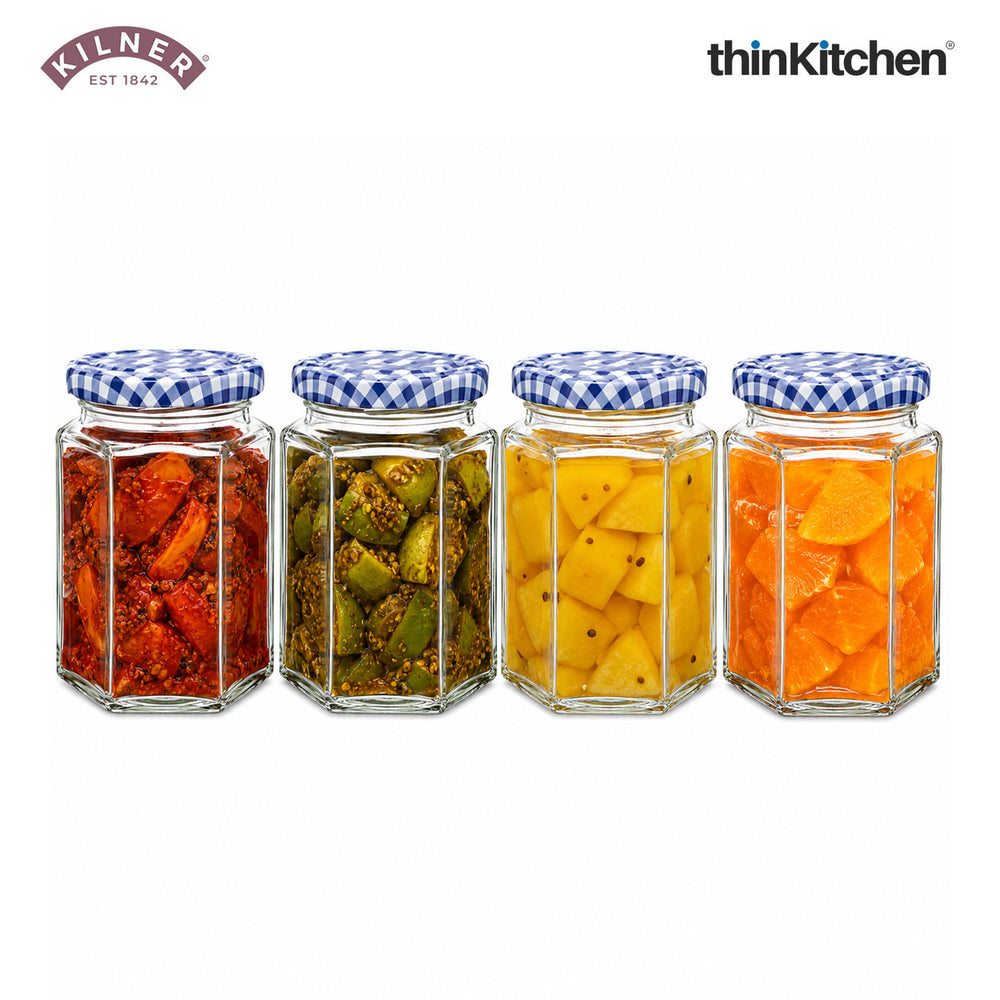Kilner Premium 4 Pcs x 280ml Hexagonal Twist Top Airtight Glass Jar for Herbs, Spices, Jams, Chutneys | Transparent, Reusable, Eco-Friendly Kitchen Storage Container