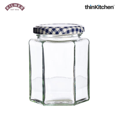 Kilner Premium 4 Pcs x 280ml Hexagonal Twist Top Airtight Glass Jar for Herbs, Spices, Jams, Chutneys | Transparent, Reusable, Eco-Friendly Kitchen Storage Container