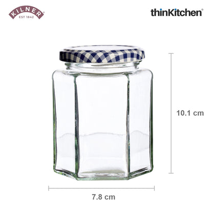 Kilner Premium 4 Pcs x 280ml Hexagonal Twist Top Airtight Glass Jar for Herbs, Spices, Jams, Chutneys | Transparent, Reusable, Eco-Friendly Kitchen Storage Container