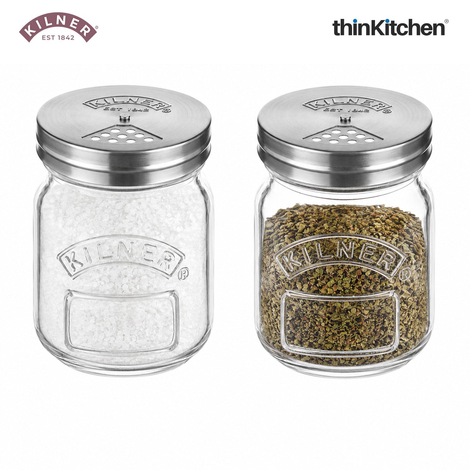 Kilner Premium 2 Pcs x 250ml Airtight, Leakproof Spice Shaker Glass Jar with Stainless Steel Shaker Lid for Salt, Spices, Herbs & Sprinkles | Reusable, BPA Free Kitchen Dispenser - 1